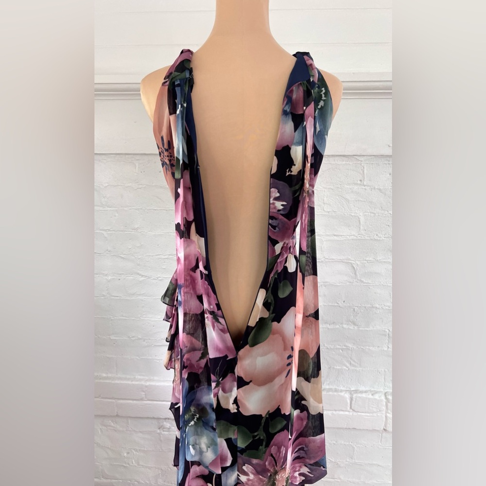 Betsy and Adam Floral Ruffle Slit Chiffon Halter Gown In Wine Rose Chiffon Maxi - Picture 11 of 16